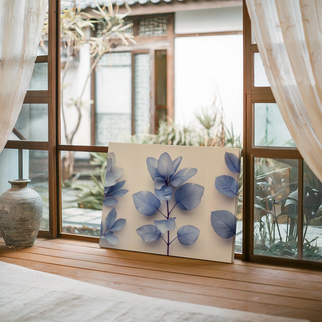 Tablou Canvas frunze albastre si flori delicate stilizate elegante | The Print Studio