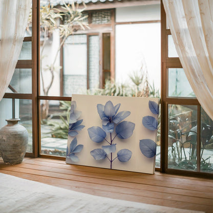 Tablou Canvas frunze albastre si flori delicate stilizate elegante | The Print Studio