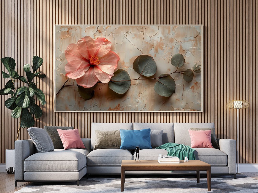 Tablou Canvas hibiscus roz si frunze verzi pe fundal rustic | The Print Studio