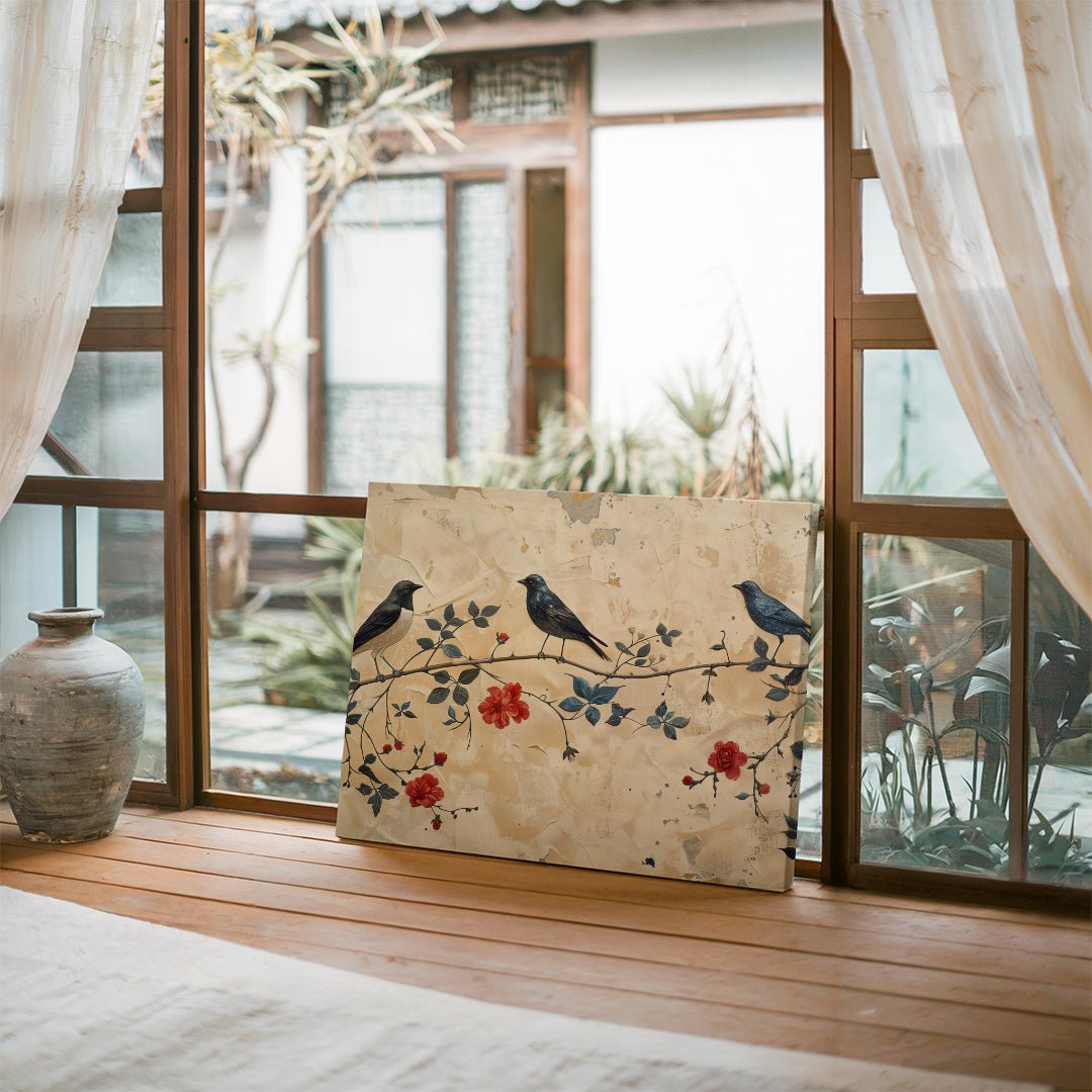 Tablou Canvas Pasari delicate pe ramura cu flori primavaratice | The Print Studio