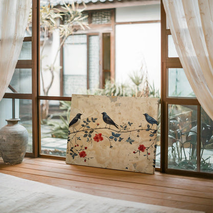 Tablou Canvas Pasari delicate pe ramura cu flori primavaratice | The Print Studio