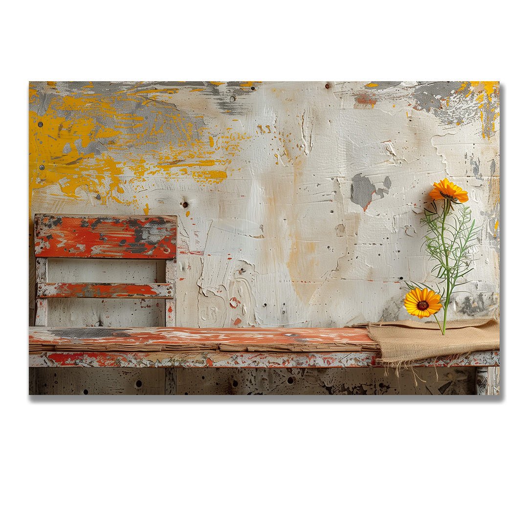 Tablou Canvas banca rustica inconjurata de flori vibrante | The Print Studio