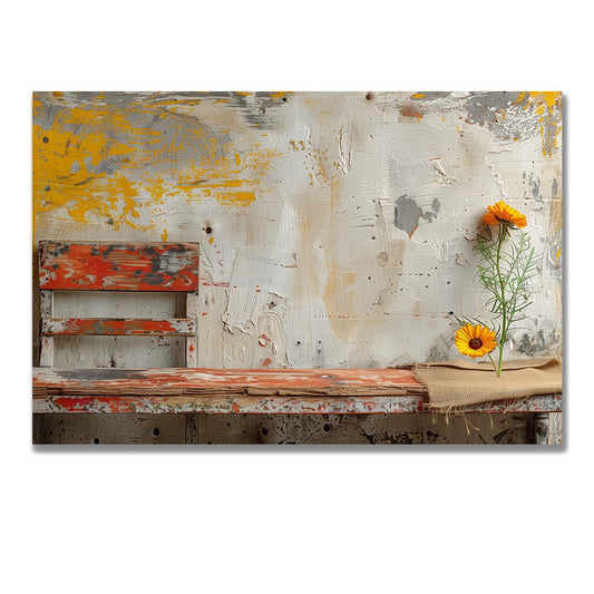 Tablou Canvas banca rustica inconjurata de flori vibrante | The Print Studio