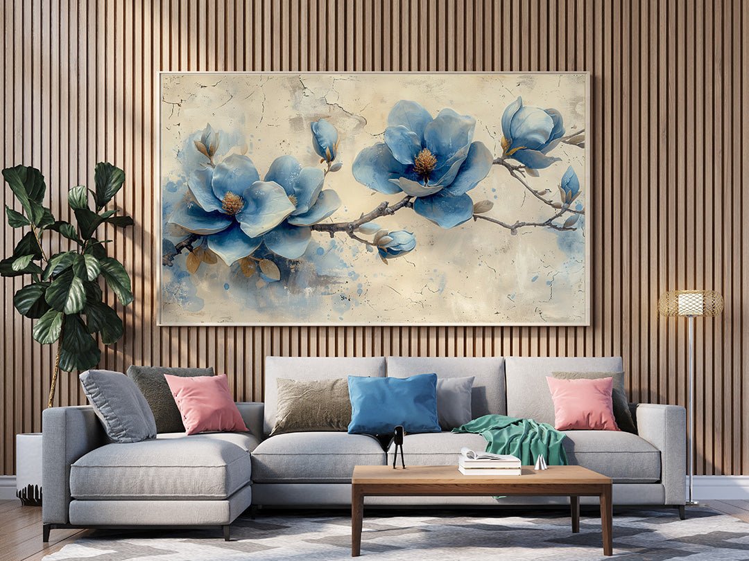 Tablou Canvas flori albastre magnolie pe ramuri in stil realist | The Print Studio