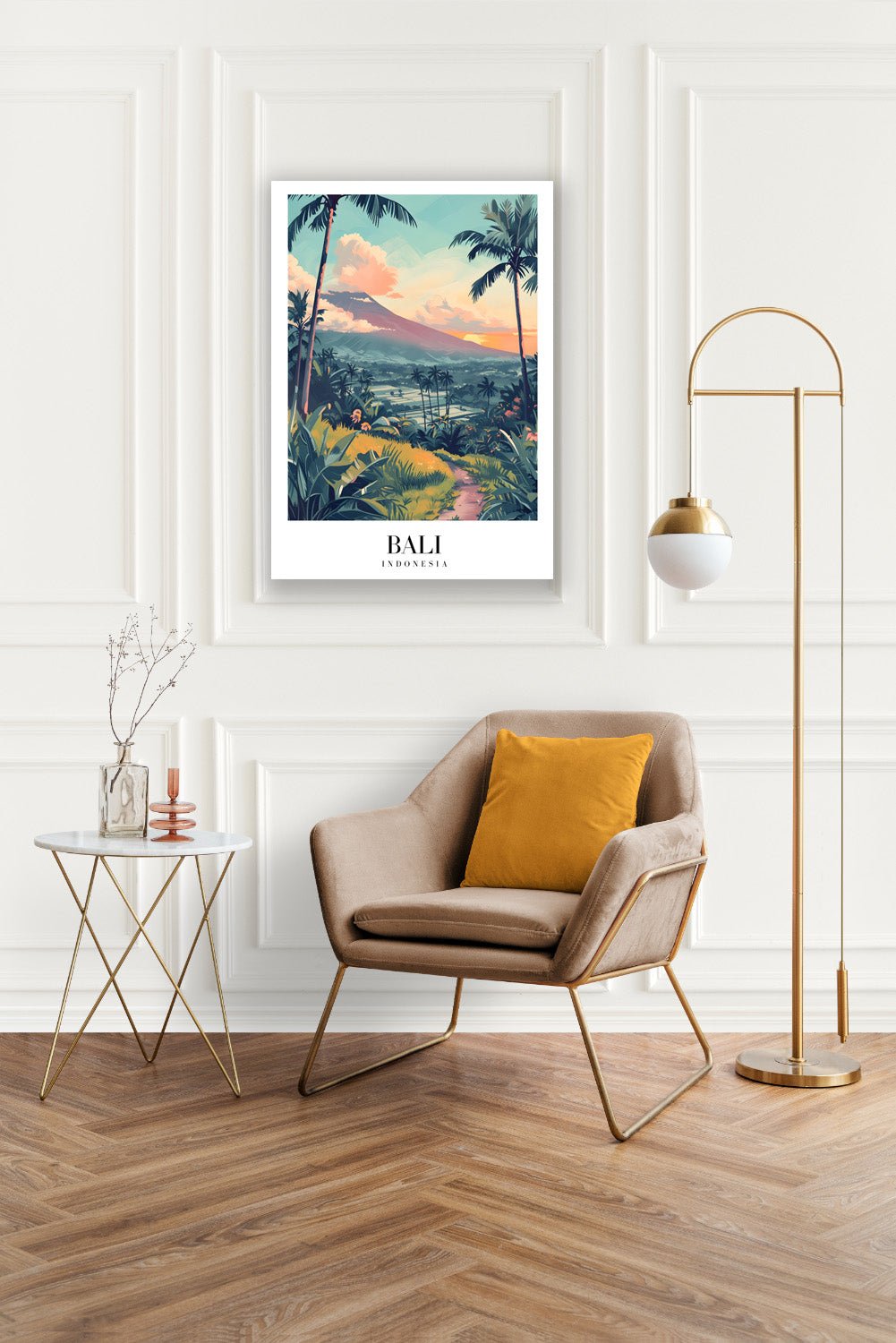 Tablou Canvas Print Bali apus muntos si palmieri, stil ilustrativ