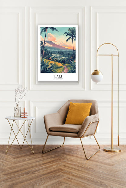 Tablou Canvas Print Bali apus muntos si palmieri, stil ilustrativ