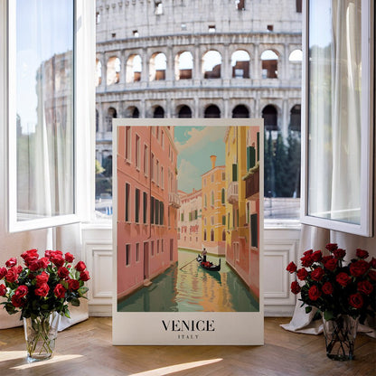 Tablou Canvas gondola plutind prin strazi vesele ale Venetiei | The Print Studio