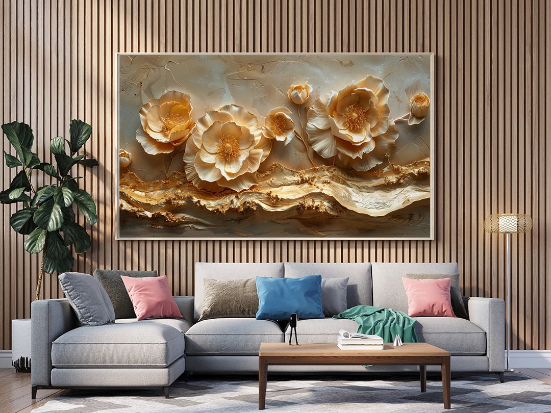 Tablou Canvas flori luxuriante cu accente aurii si eleganta abstracta | The Print Studio