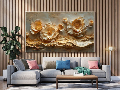 Tablou Canvas flori luxuriante cu accente aurii si eleganta abstracta | The Print Studio
