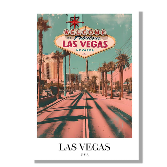 Tablou Canvas Las Vegas retro - luminile orasului si palme sub cerul noptii | The Print Studio