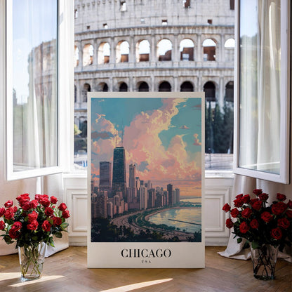 Tablou Canvas Print Chicago cer roz albastru sarut ceresc stil digital