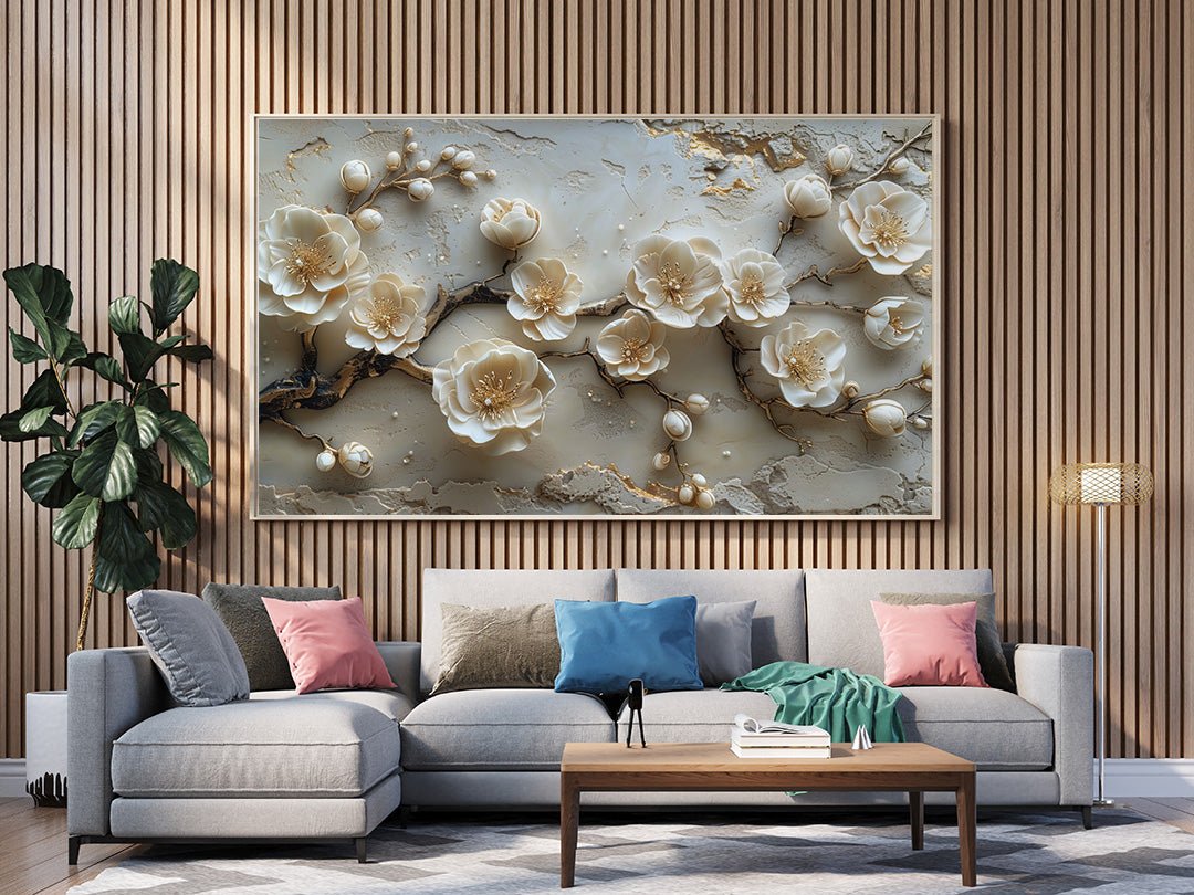 Tablou Canvas flori bej delicate pe ramuri in textura abstracta | The Print Studio