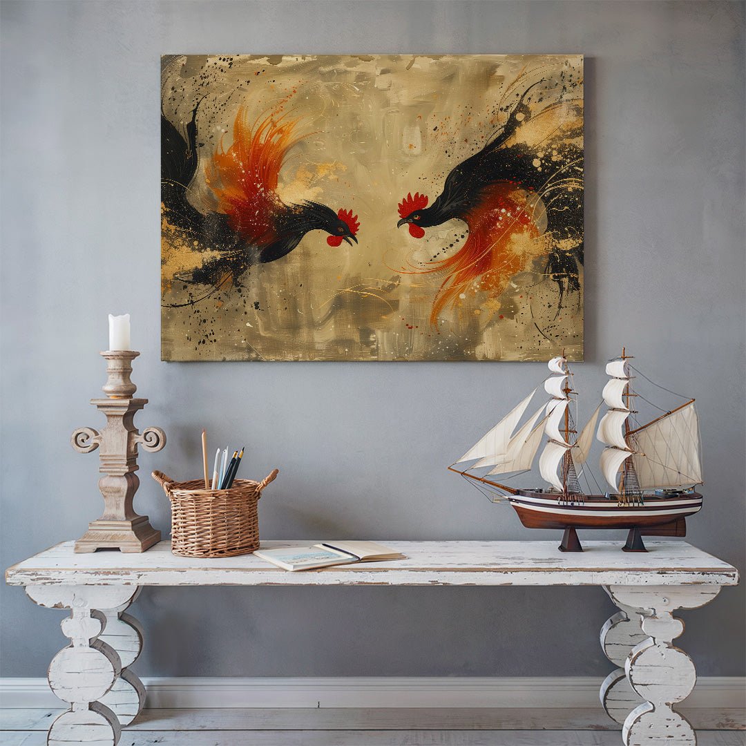 Tablou Canvas energie dinamica in lupta cocosilor vibrant | The Print Studio