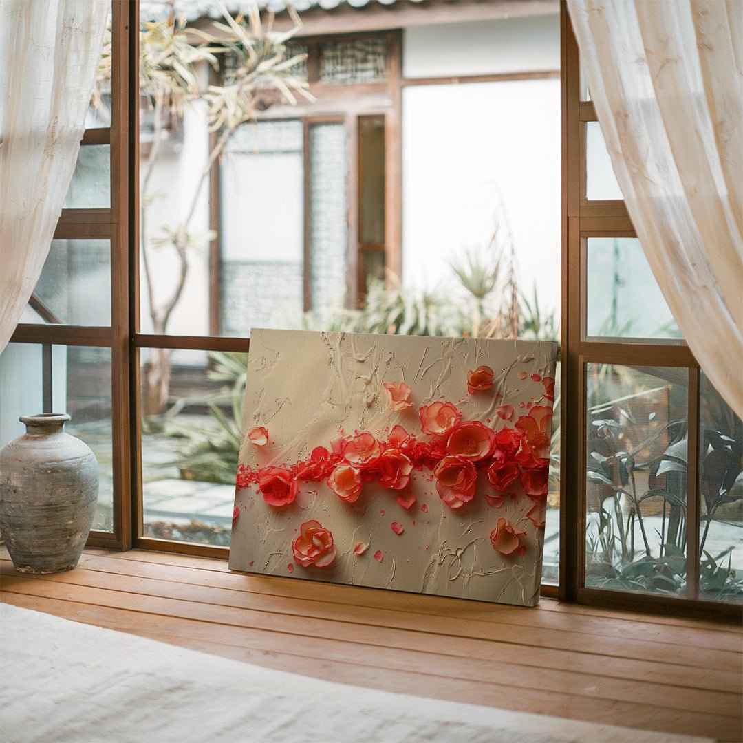 Tablou Canvas flori rosii vibrante cu texturi abstracte | The Print Studio