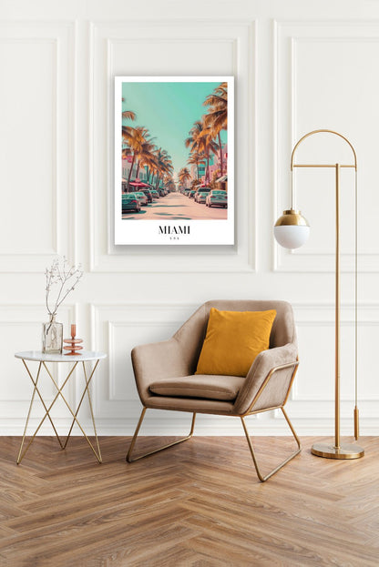 Tablou Canvas Miami palmieri sub cer senin atmosfera retro | The Print Studio