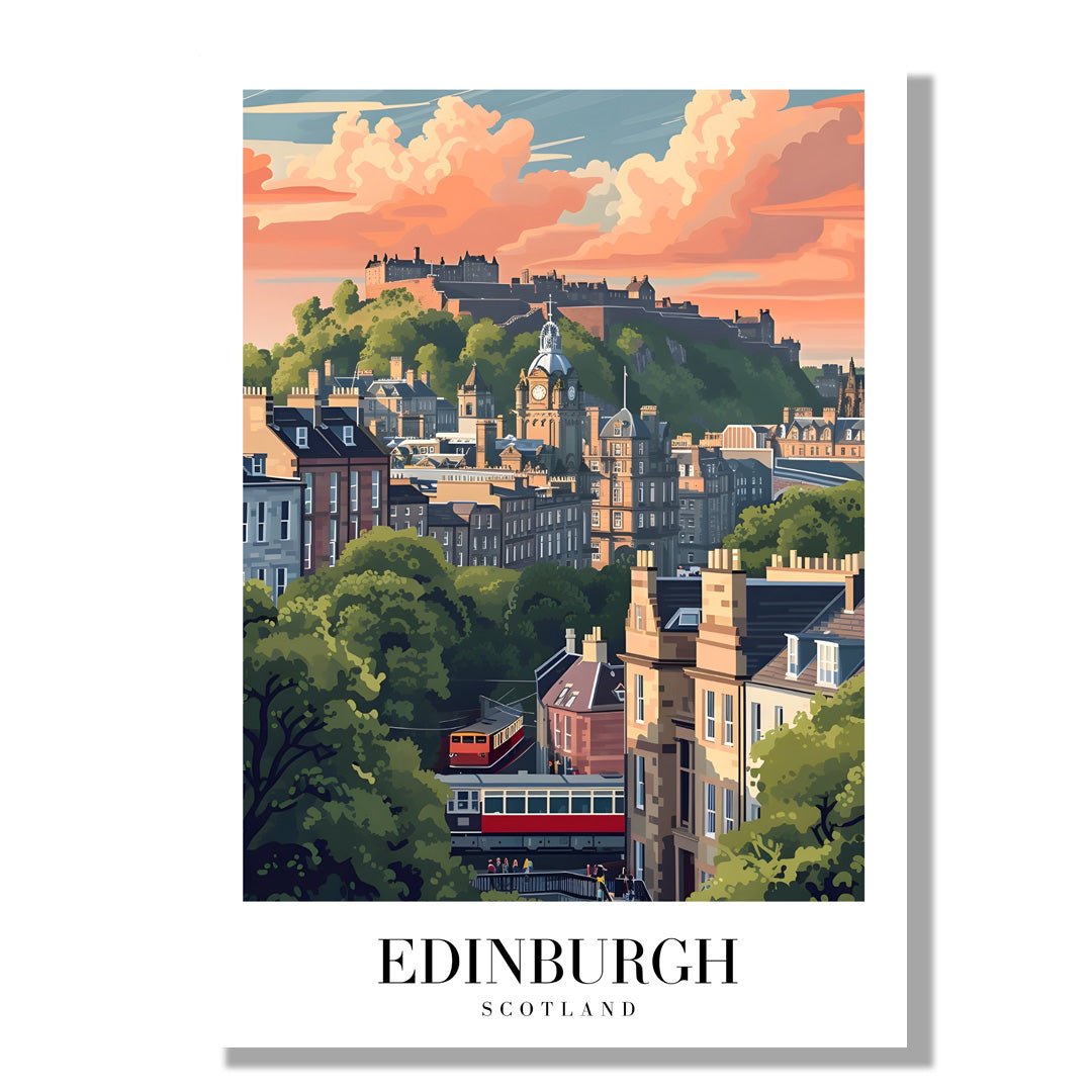 Tablou Canvas Print oras Edinburgh la apus, cladiri si nori, stil ilustrativ