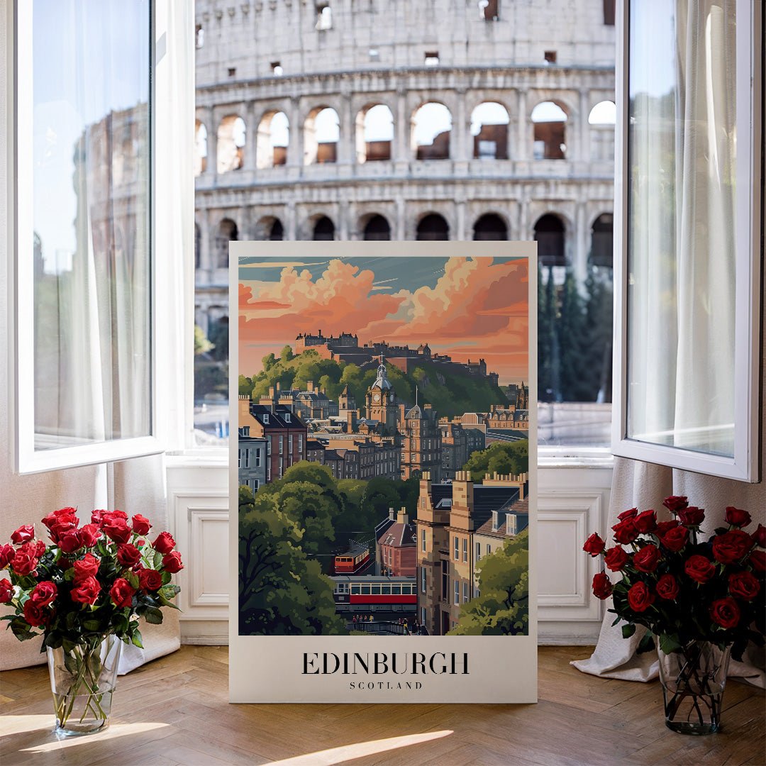 Tablou Canvas Print oras Edinburgh la apus, cladiri si nori, stil ilustrativ