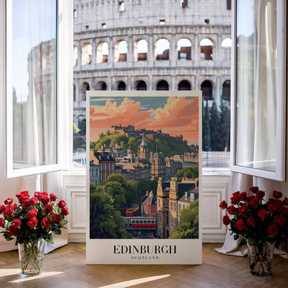 Tablou Canvas Print oras Edinburgh la apus, cladiri si nori, stil ilustrativ