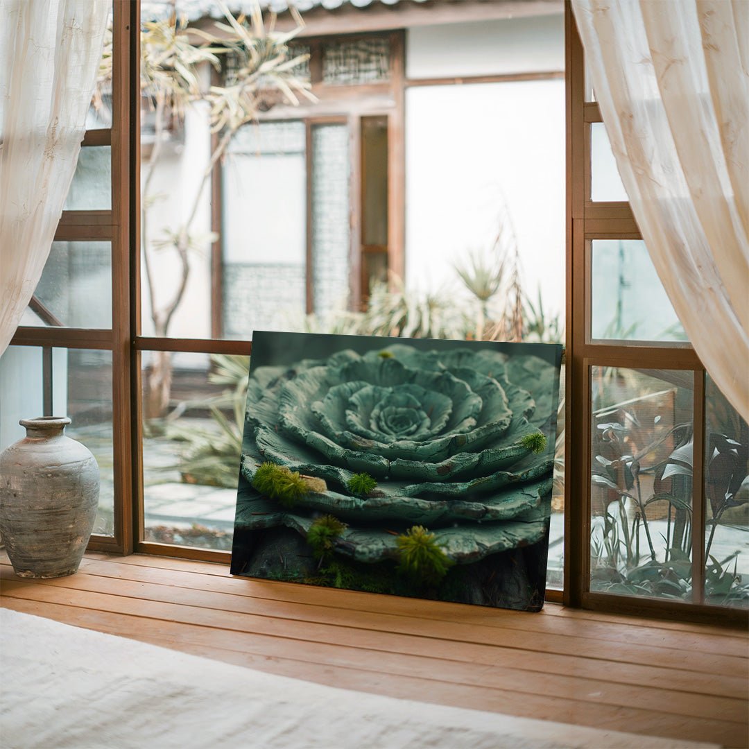 Tablou Canvas floare sculptata pe fond de muschi verde vibrant | The Print Studio