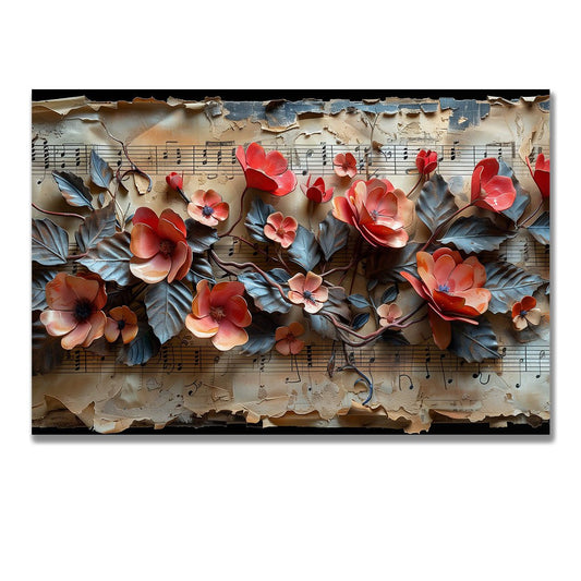 Tablou Canvas flori muzicale dansand pe note vechi | The Print Studio