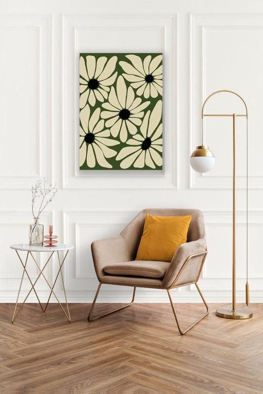 Tablou Canvas Minimalist Flori Albe cu Fundal Verde - Artă Contemporană Unică