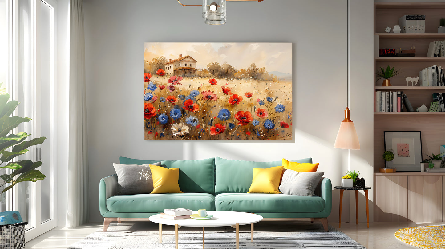 Tablou Canvas casuta rustica inconjurata de flori campestre | The Print Studio