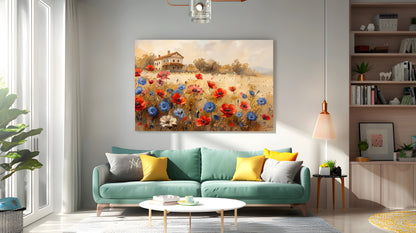 Tablou Canvas casuta rustica inconjurata de flori campestre | The Print Studio