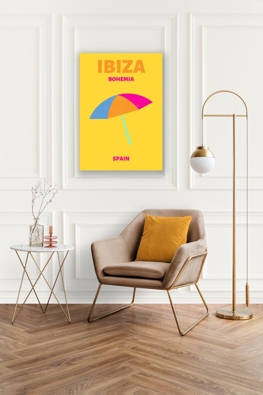 Tablou Canvas umbrela colorata pe plaja Ibiza minimalist | The Print Studio