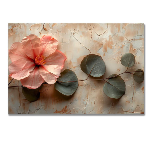 Tablou Canvas hibiscus roz si frunze verzi pe fundal rustic | The Print Studio