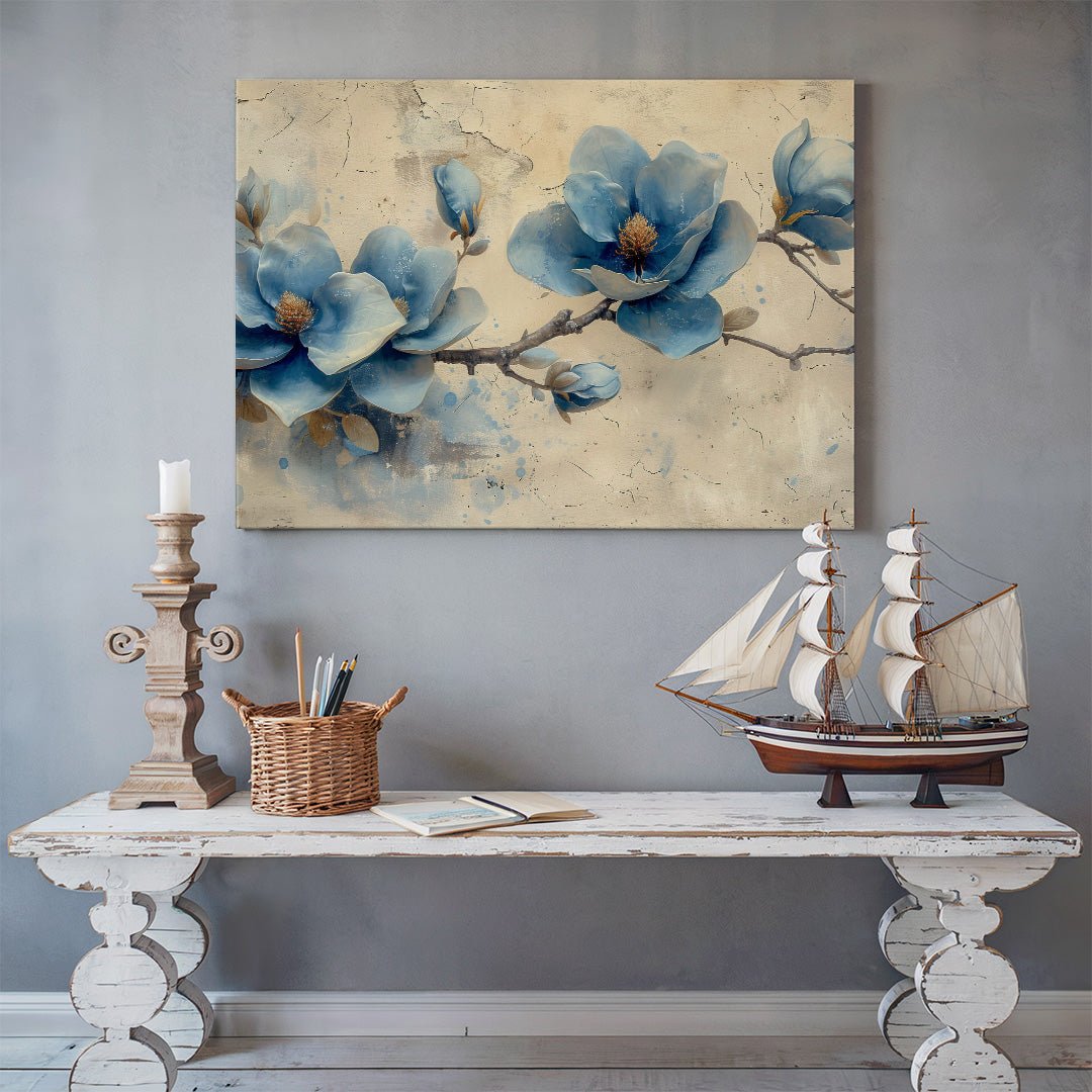 Tablou Canvas flori albastre magnolie pe ramuri in stil realist | The Print Studio