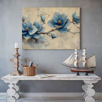 Tablou Canvas flori albastre magnolie pe ramuri in stil realist | The Print Studio