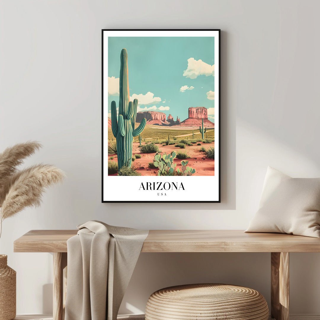 Tablou Canvas desert Arizona cu cactusi sub cer senin retro | The Print Studio