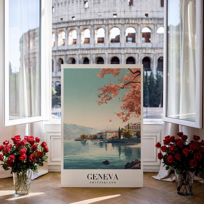 Tablou Canvas peisaj Geneva cu flori pastelate in stil vintage | The Print Studio