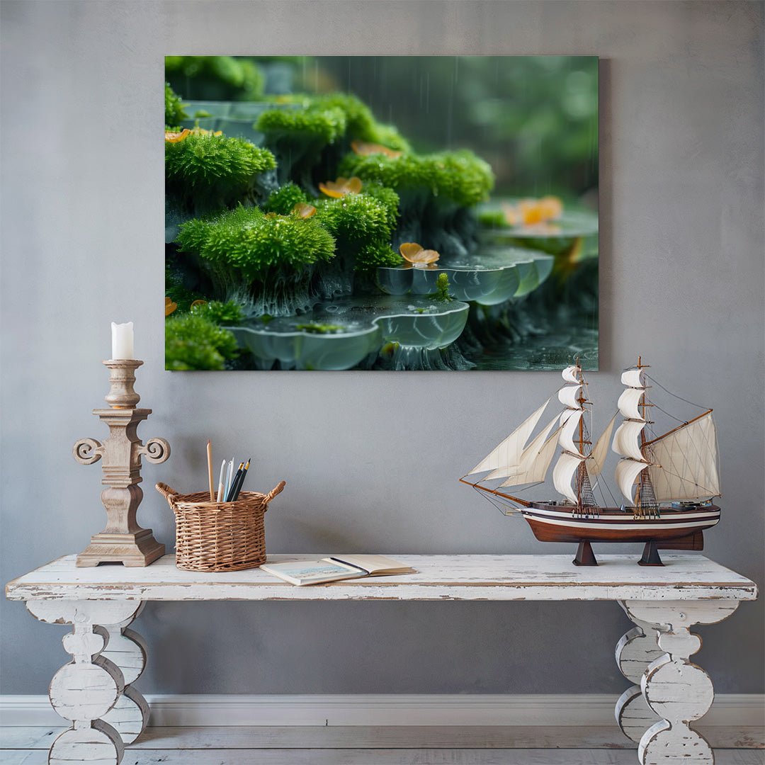 Tablou Canvas muschi vibrant si picaturi de roua naturala | The Print Studio