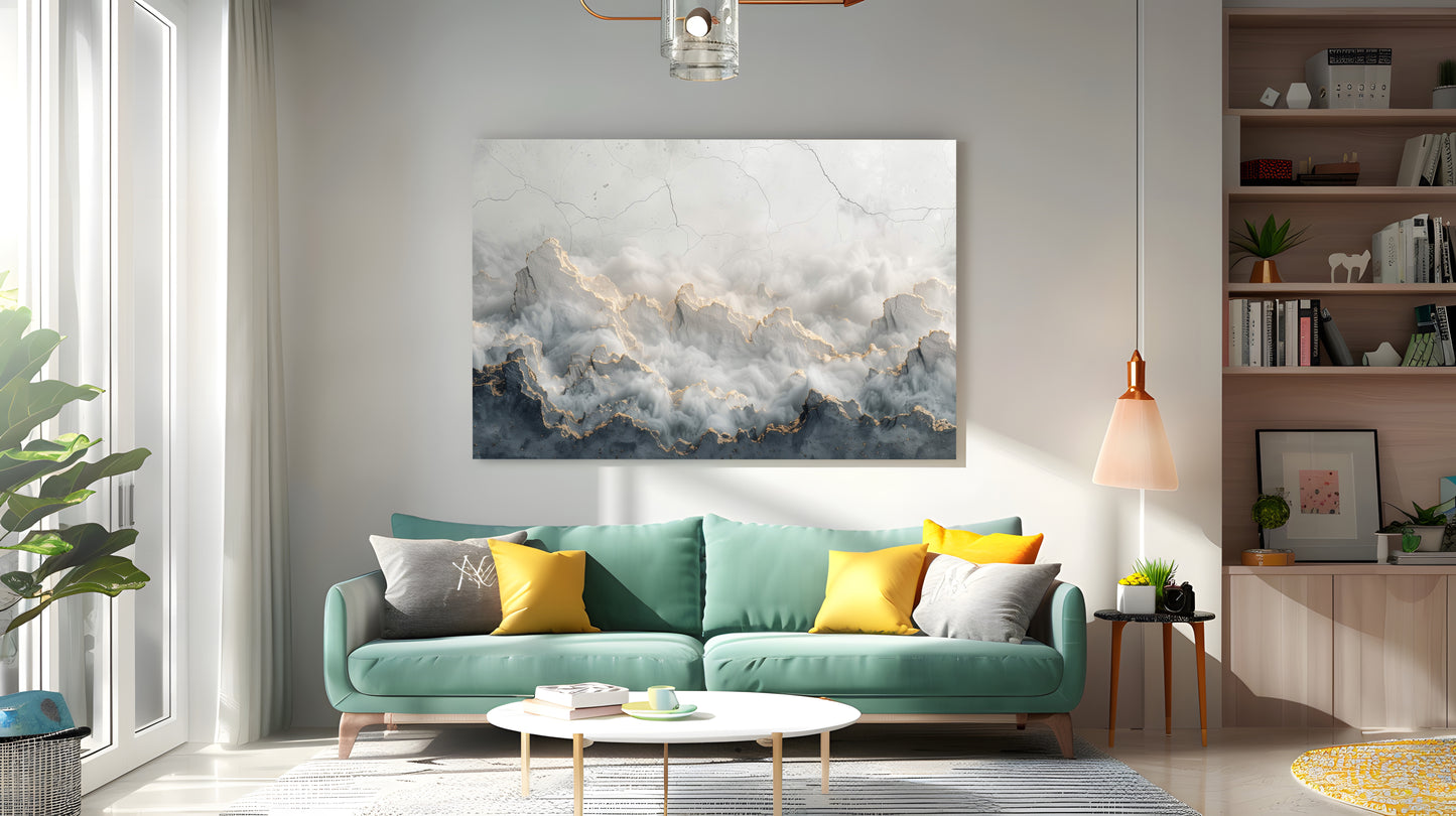 Tablou Canvas munti invaluiti in ceata si lumina aurie | The Print Studio