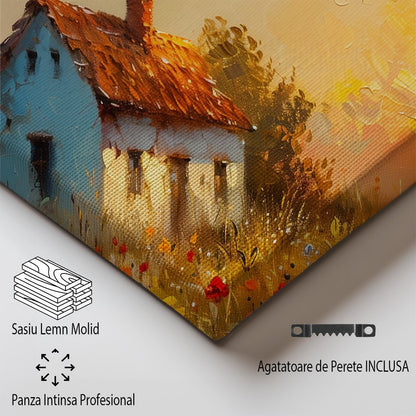 Tablou Canvas casuta rustica si camp de flori in lumina apusului | The Print Studio