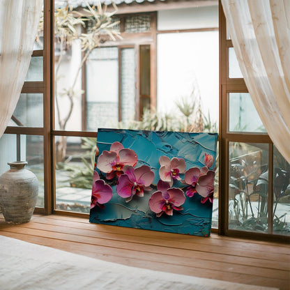 Tablou Canvas orhidee roz pe fundal albastru texturat | The Print Studio