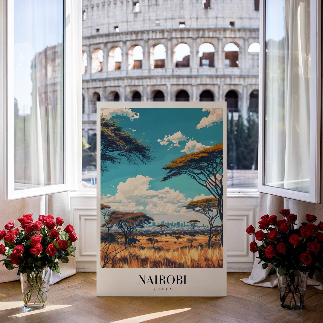 Tablou Canvas Print Nairobi savana, cer albastru vibrant, stil ilustrativ