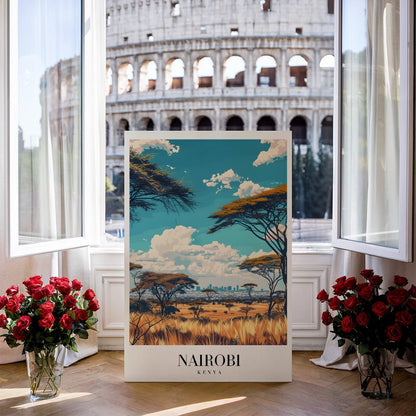 Tablou Canvas Print Nairobi savana, cer albastru vibrant, stil ilustrativ