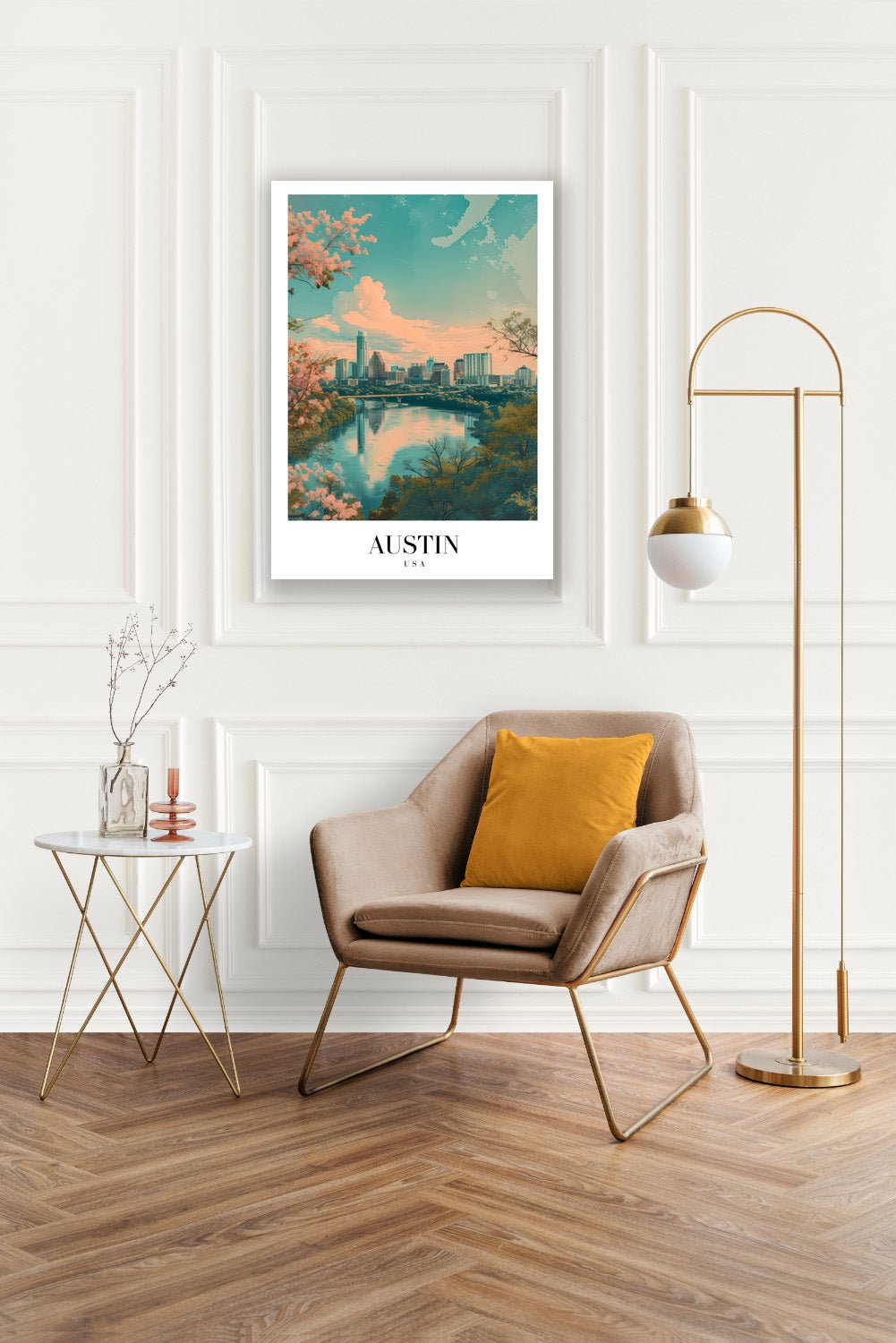 Tablou Canvas Print Austin apus peste oras conturat, stil acuarela