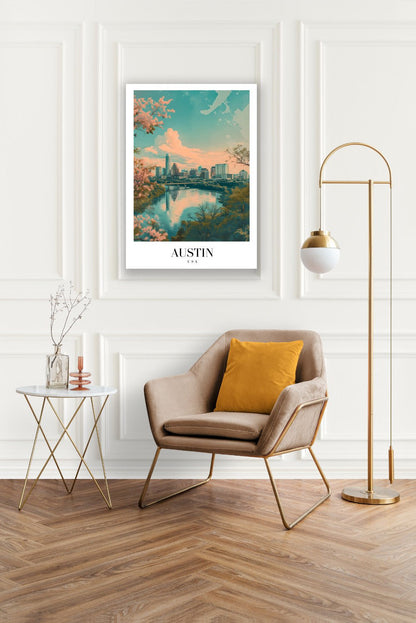Tablou Canvas Print Austin apus peste oras conturat, stil acuarela