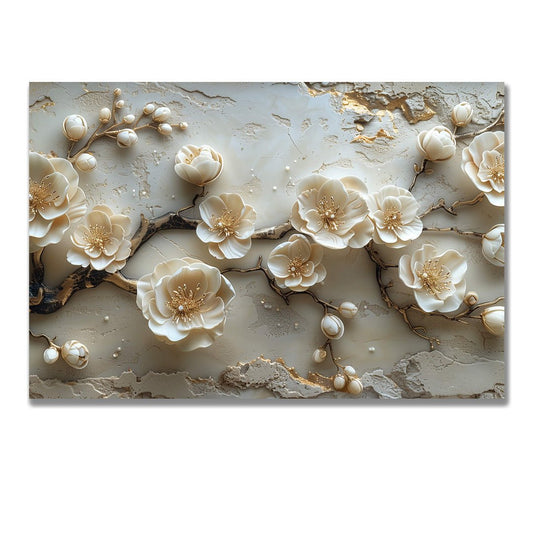 Tablou Canvas flori bej delicate pe ramuri in textura abstracta | The Print Studio