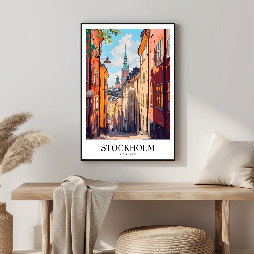 Tablou Canvas Strada Stockholm cu cladiri vesele in stil ilustrativ | The Print Studio