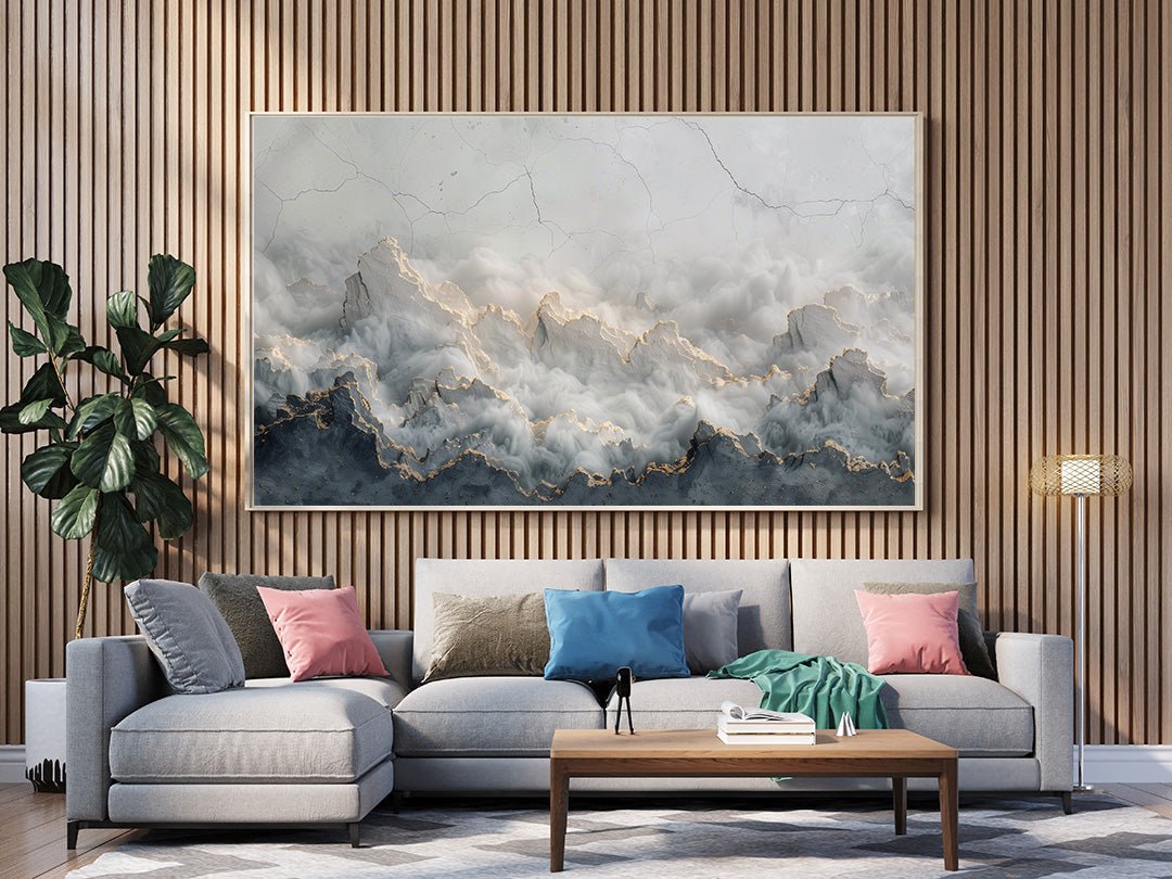 Tablou Canvas munti invaluiti in ceata si lumina aurie | The Print Studio