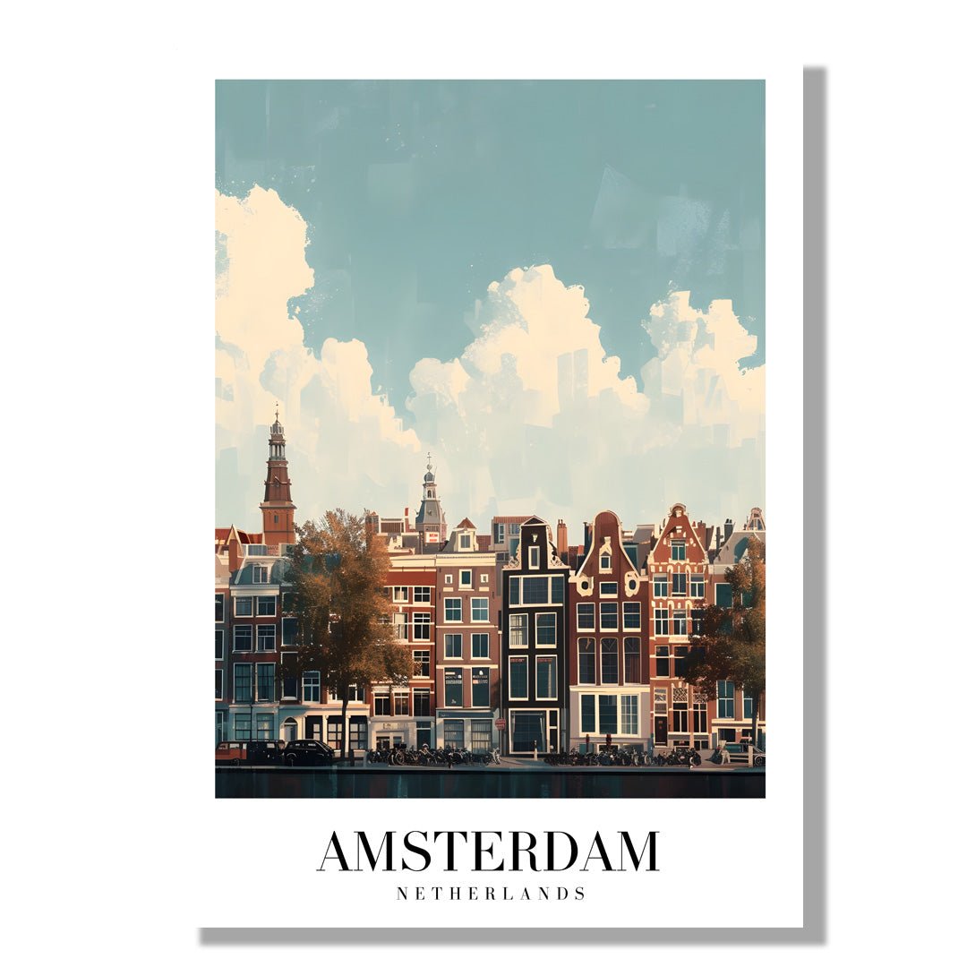 Tablou Canvas case Amsterdam sub cer senin, vibrant si ilustrativ | The Print Studio