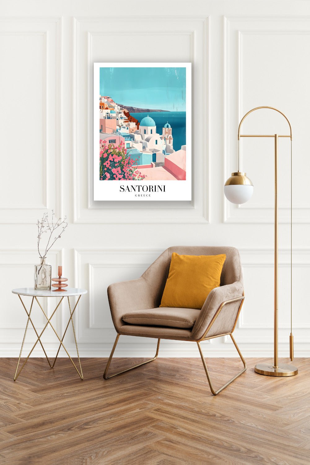 Tablou Canvas Santorini pastel cu mare albastra la orizont | The Print Studio