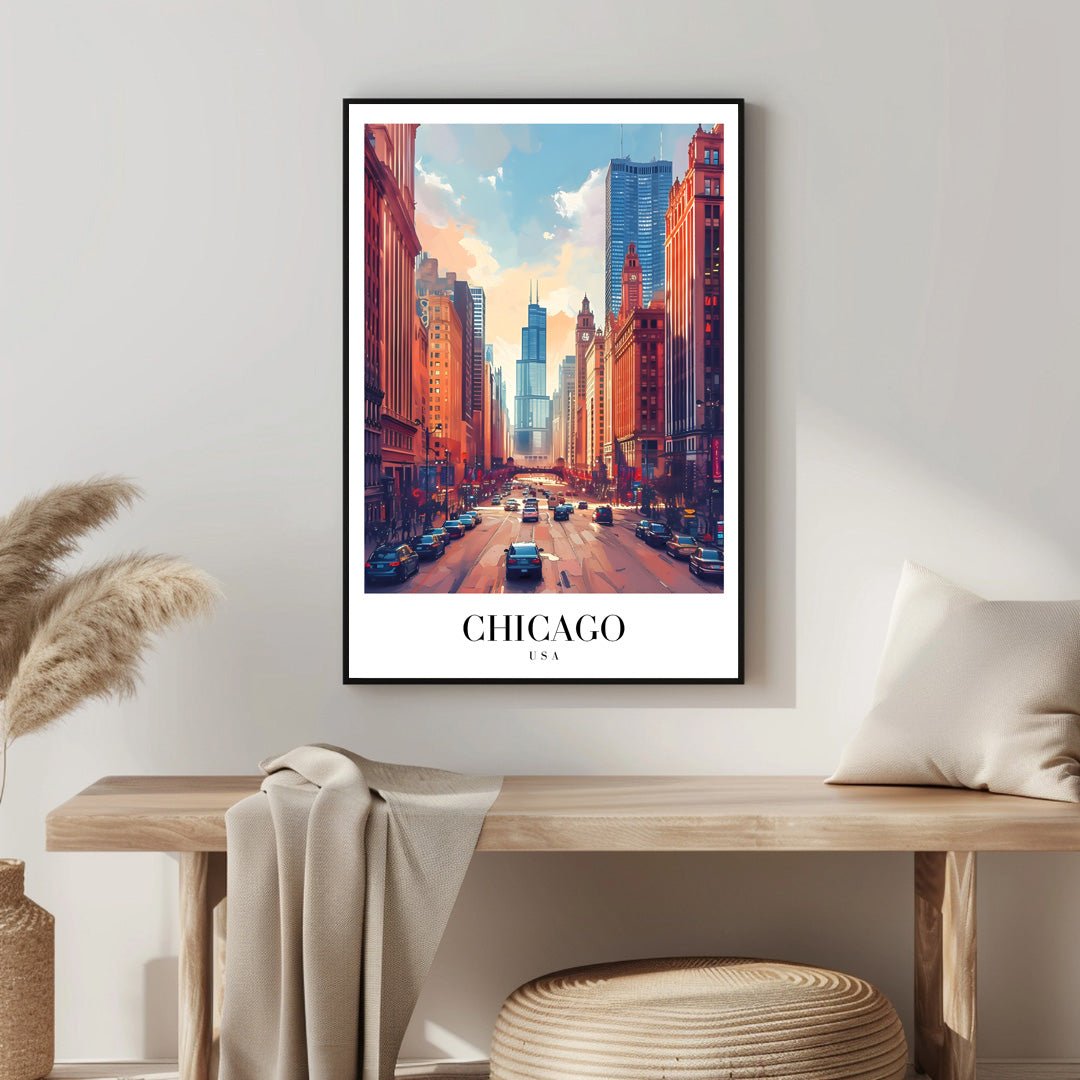 Tablou Canvas Print Chicago strazi aglomerate si cer senin, stil ilustratie vibranta