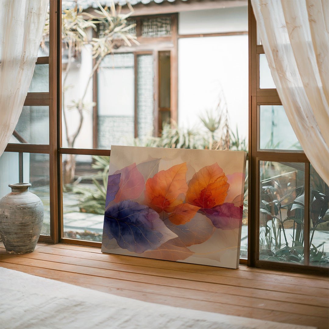 Tablou Canvas frunze colorate in tonuri de toamna si lumina calda | The Print Studio