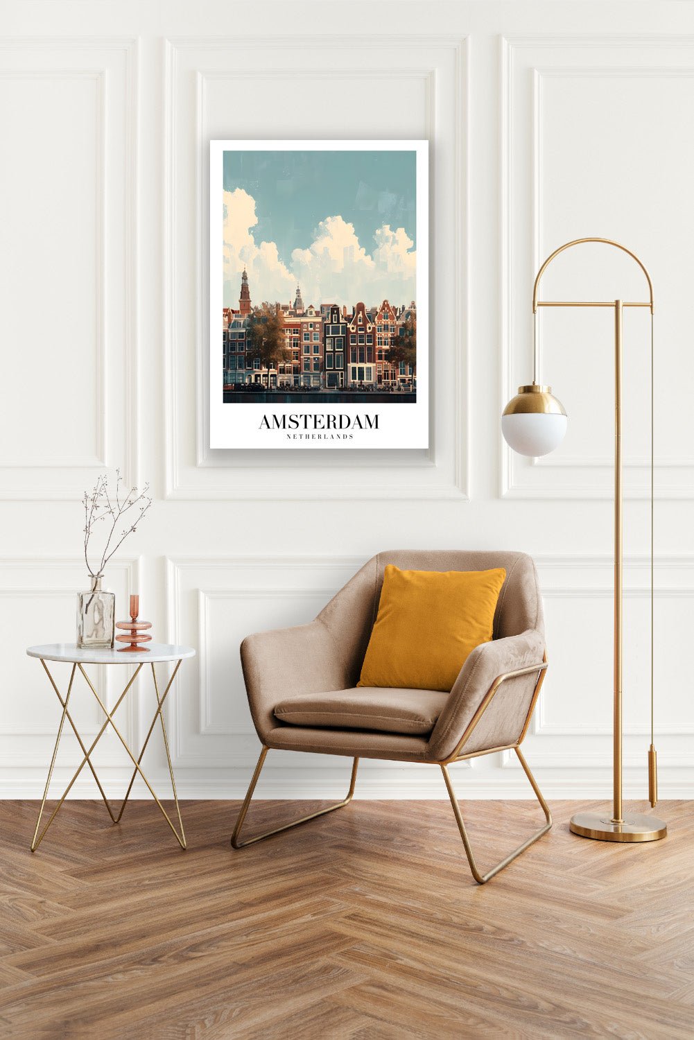 Tablou Canvas case Amsterdam sub cer senin, vibrant si ilustrativ | The Print Studio