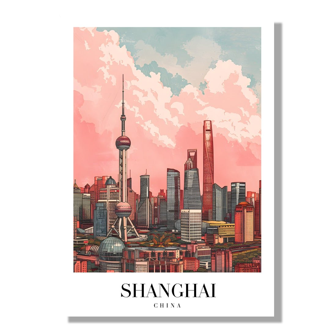 Tablou Canvas Shanghai zgarie-nori sub cerul roz ilustrativ | The Print Studio